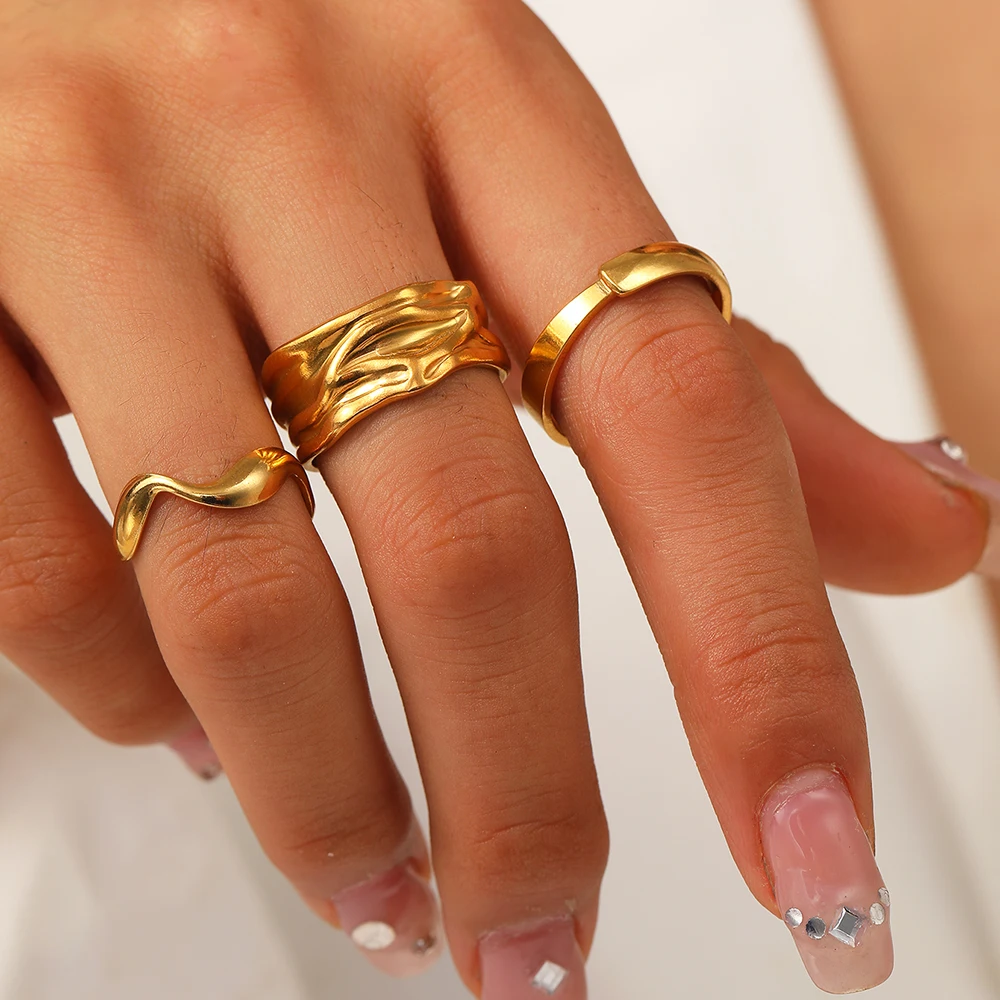 DOTIFI Stainless Steel Three Pieces Simple Irregular Design Open Ring Set Women's Adjustable Fashion Finger Jewelry Accessories
