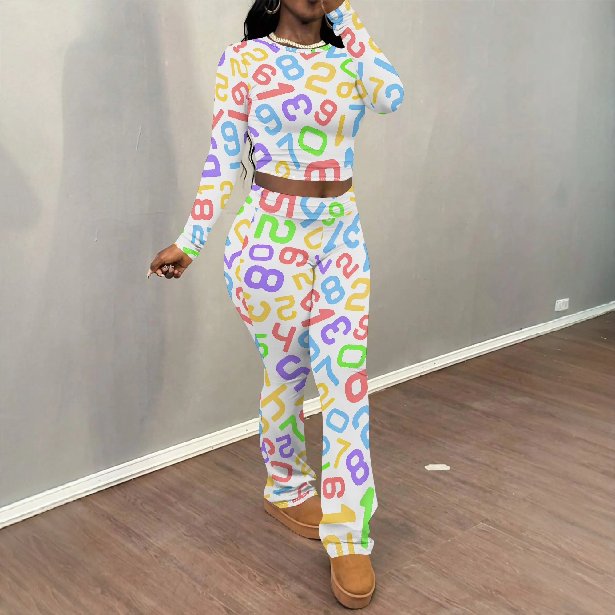 

Nupusa Colorful Number Print Two - Piece Set for Women Standard Size Summer Casual Crew Neck Long Sleeve Outfit