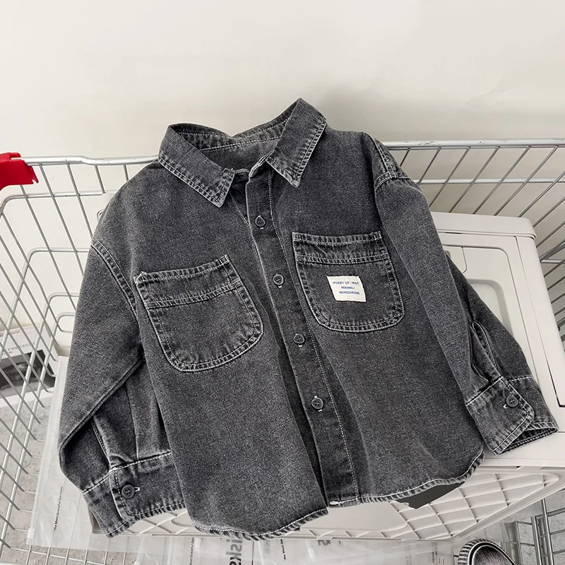 

2-8T in Stock Boys' Denim Pocket Top Shirt Jacket 2025 New Product Black Denim Style Shirt Birthday Gift Clothing