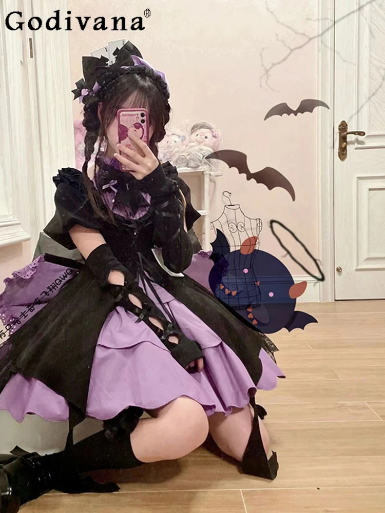 Black Purple Lolita Dress Women's Sweet Cute Girls Cosplay Dress Lady High Waist Slim Bow Short Dress Vestidos Mujer Summer