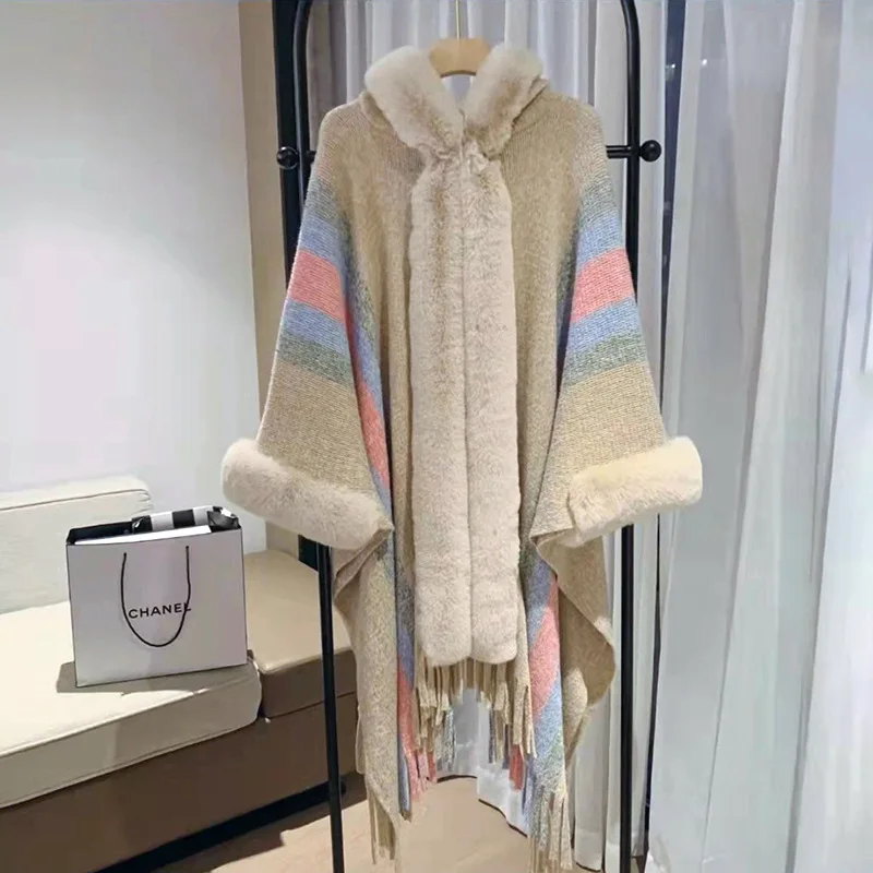 Stripe Cape Knitting Poncho Tassel Women's Winter Coats Plus Size Loose Faux Fur Coat Japan and South Korea Hooded Shawl The New