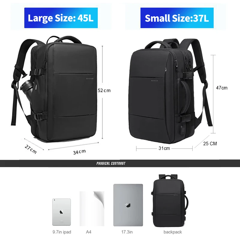 BANGE-mochila de viaje para hombre, morral de negocios expandible con USB, de gran capacidad, resistente al agua, para ordenador portátil, 17,3