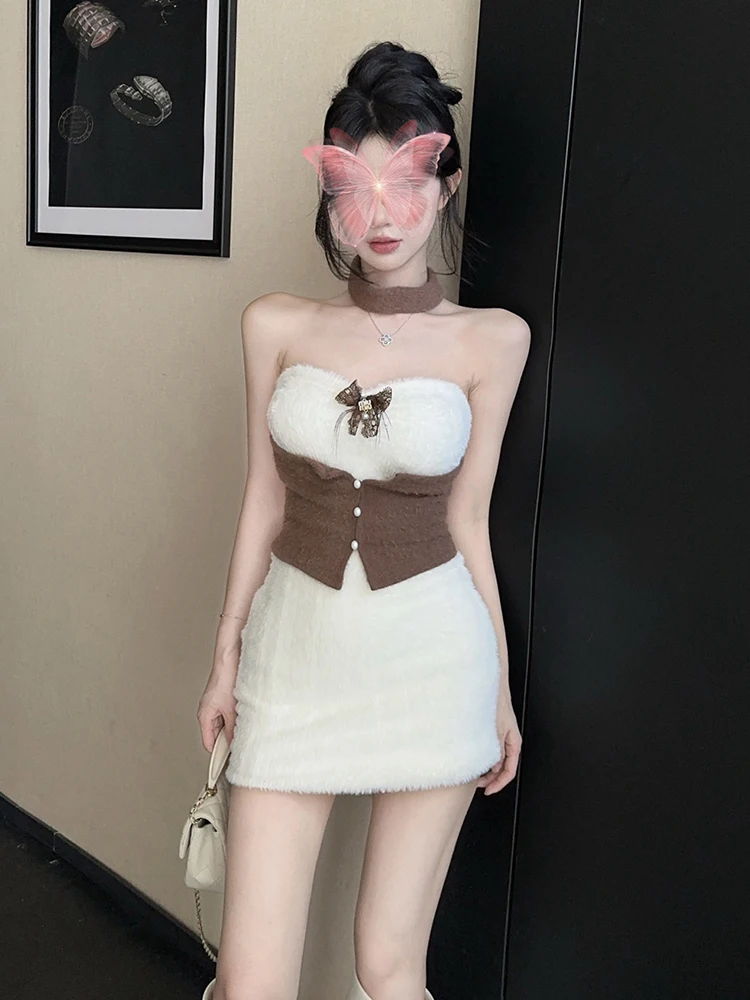 REDDACHiC خمر التباين فستان منسوج مع المختنق فروي القوس بروش مشد Bodycon فستان أنبوبي صغير Cutecore الشتاء ملابس حريمي #3