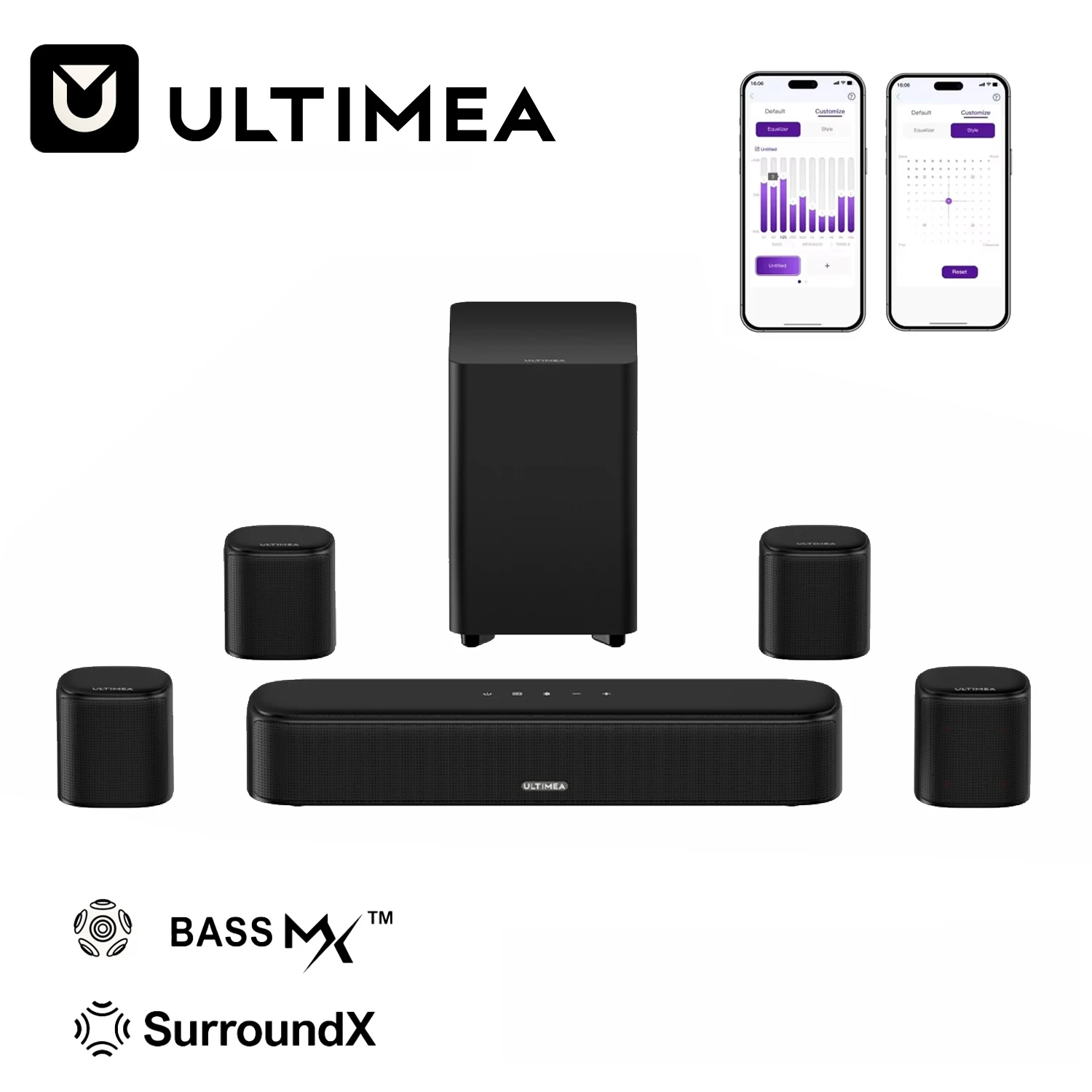 ULTIMEA Barre de Son 7.1 Canaux pour Télévision avec Caisson de Basses et 4 Haut-Parleurs Arrière, Système Cinéma Maison avec Son Enveloppant Virtuel, Contrôle Intelligent par Application, Son