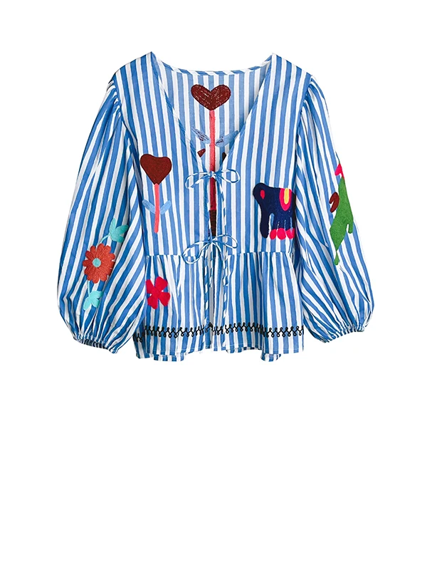 Nordic verão artístico azul listrado bonito animal flor retalhos v-ne com cinto irt f saia conjunto feminino faion conjunto