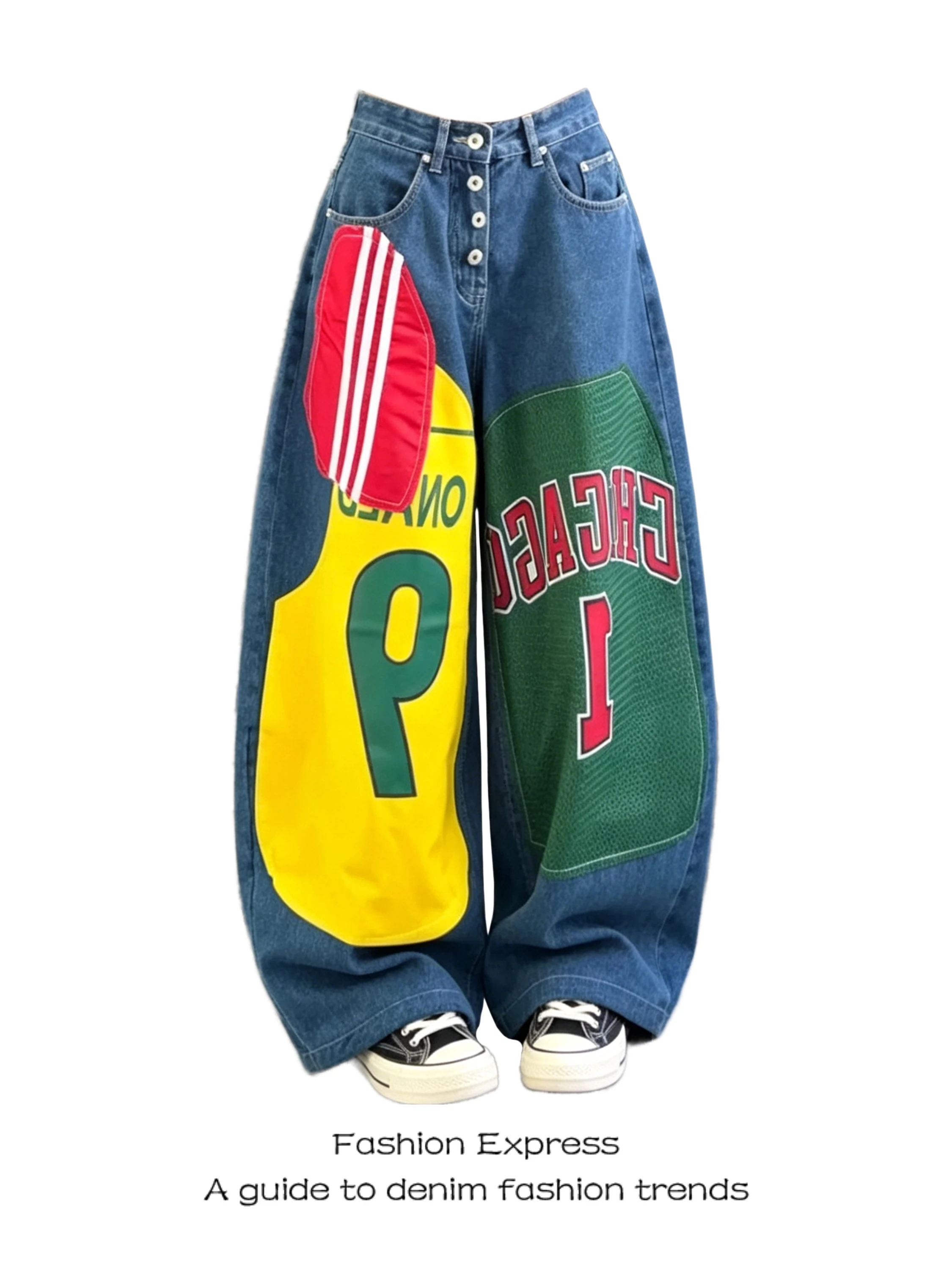 

High Waist Wide Leg Denim Jeans Women's Summer New American Patchwork Print Straight Leg Long Pants Casual Wear Resistant