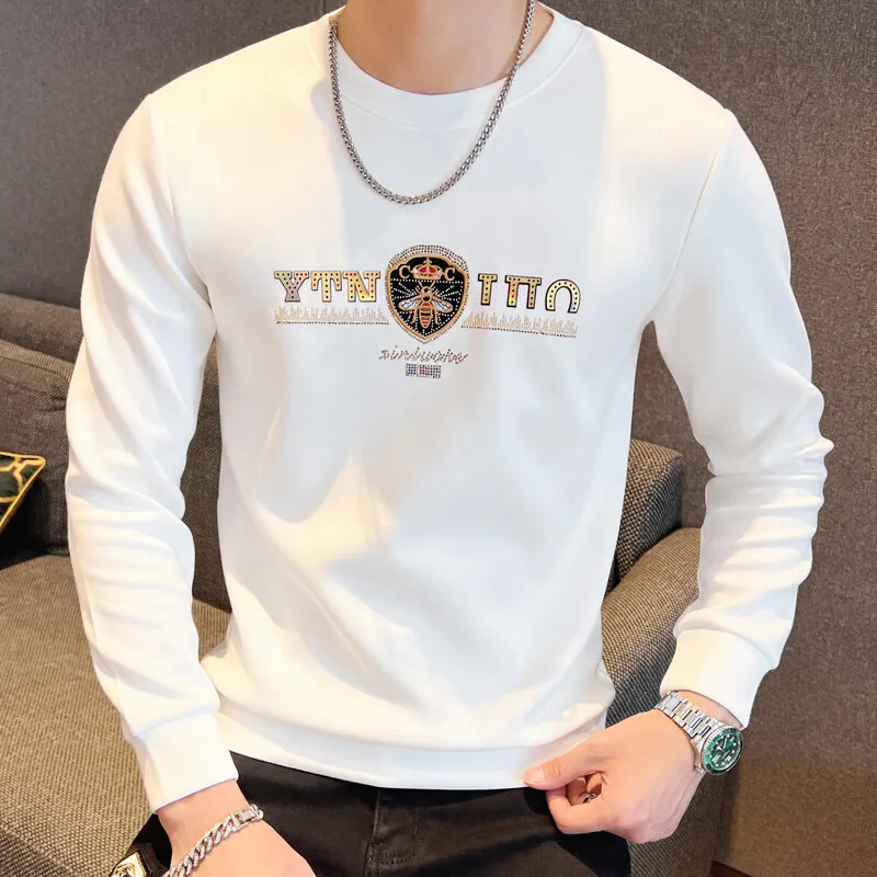 Fashionable European Spring 2025 Men's Bee Diamond Round Neck Sweater Letter Embroidery Trend Slim Fit Long Sleeve Pullover