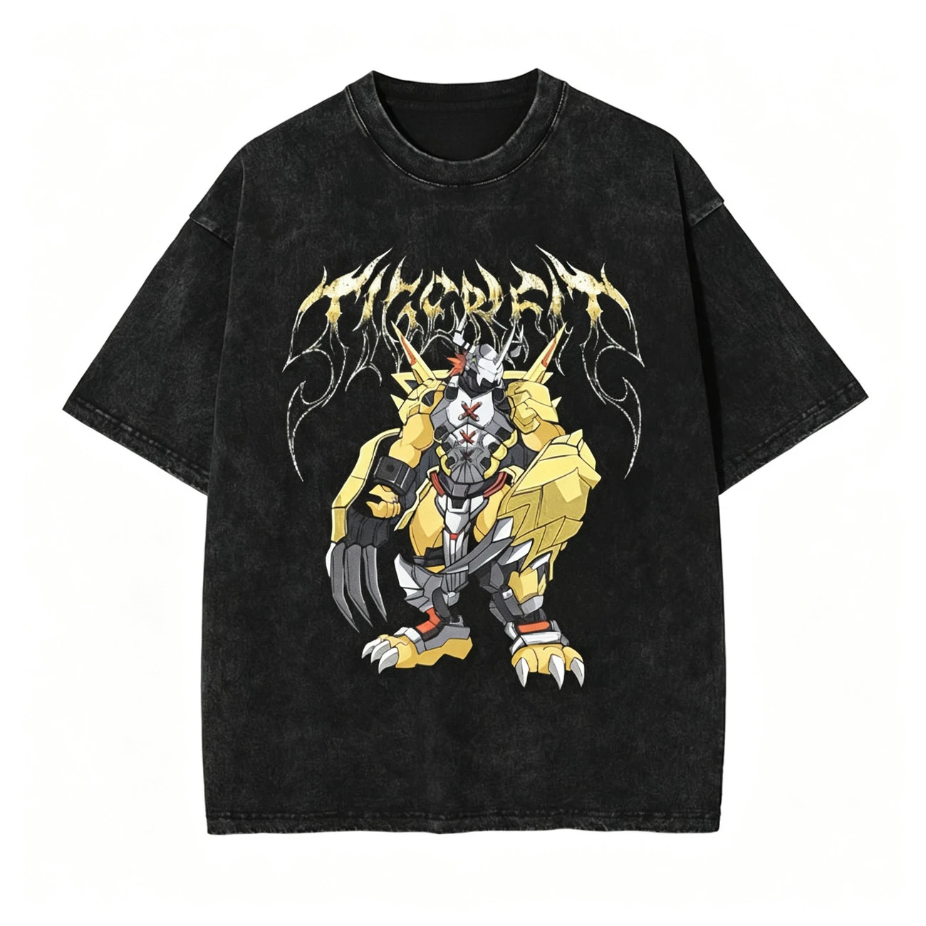 Digimon Tengu Death Metal Font Printed Retro Washed Distressed Short-sleeved T-shirts for Men and Women Made of Cotton