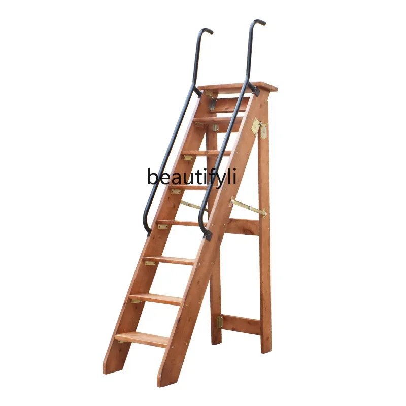 y Household folding stairs Indoor all-solid wood unilateral herringbone ladder Multifunctional mobile climbing wooden escalator