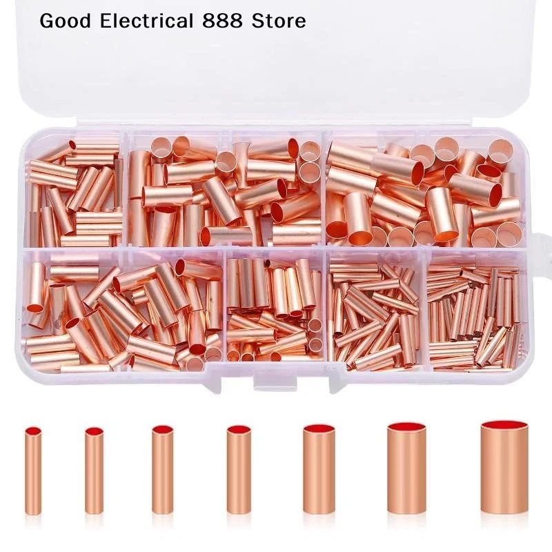 【G】125/250Pcs Wire Ferrules Kit 7 Size Copper Crimp Connector Non Insulated Electrical Butt Terminal Assortment Kit