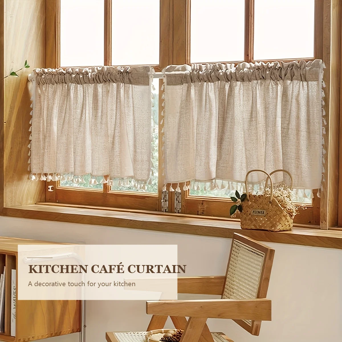 Japanese Minimalist Linen Sheer Curtains Natural Wood Color, 2 Panels