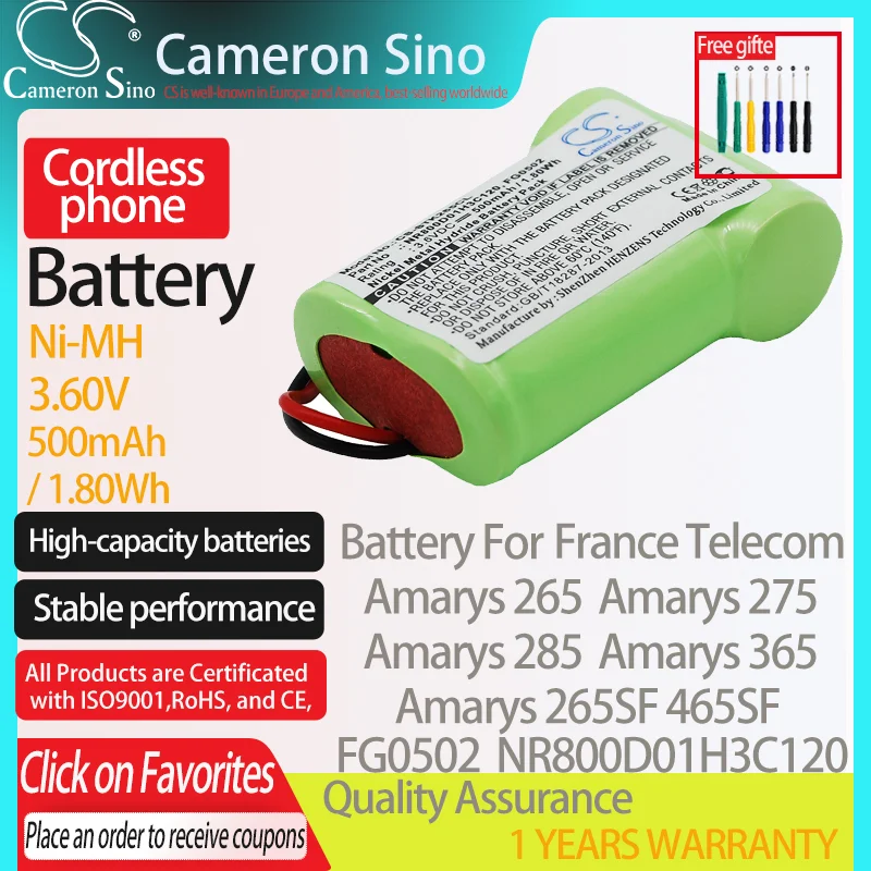 CameronSino Battery for France Telecom Amarys 265 265SF 275 285 365 465 465SF fits France Telecom FG0502 Cordless phone Battery