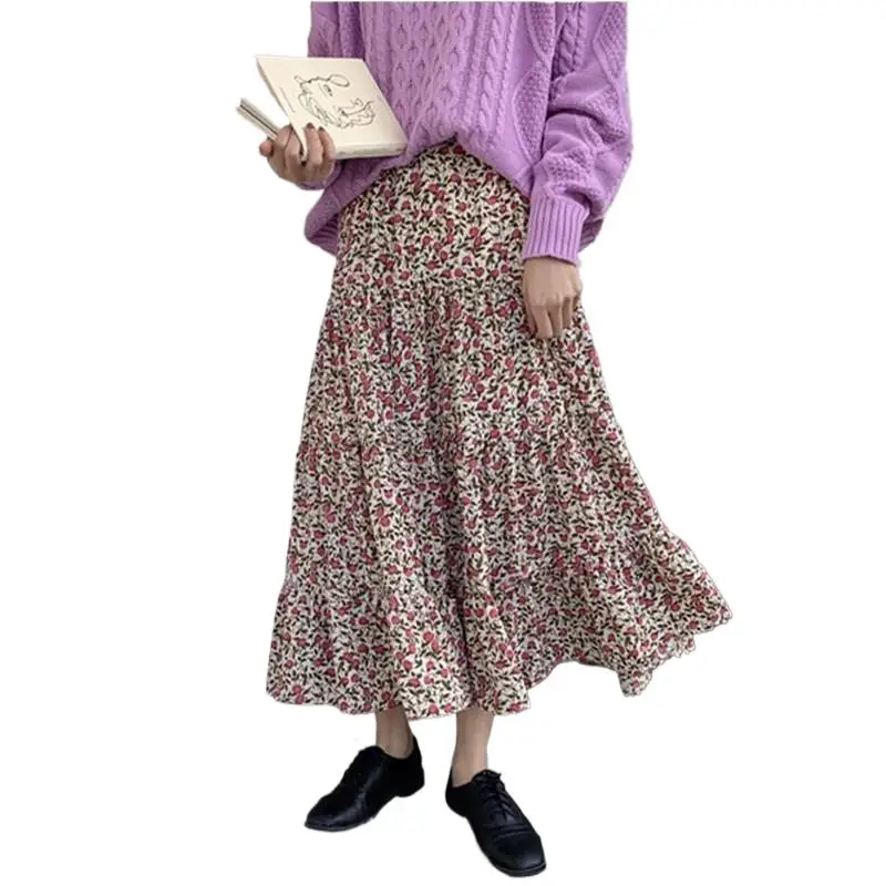 

Women Boho Floral Printed Skirt Cotton Vintage Ruffled Pleated Skirts Korean Style High Elastic Waist Skirt faldas mujer moda