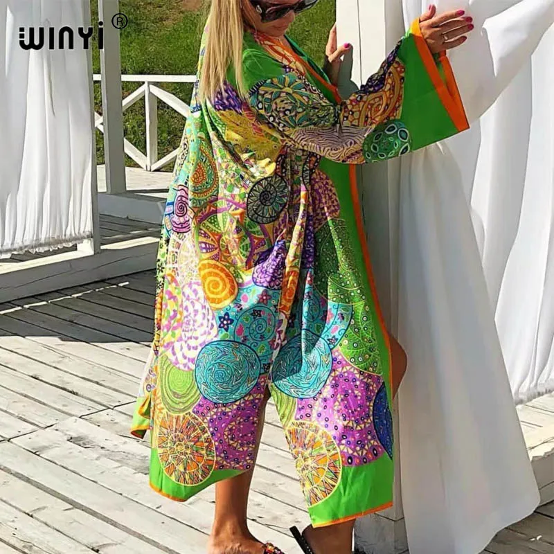 Imagem -03 - Winyi Europa Estilo Nacional Impressão Praia Boêmio Longo Cardigan Encobrimento Ponto Casual Boho Solto Feriado Quimono Cabolsa Kaftan