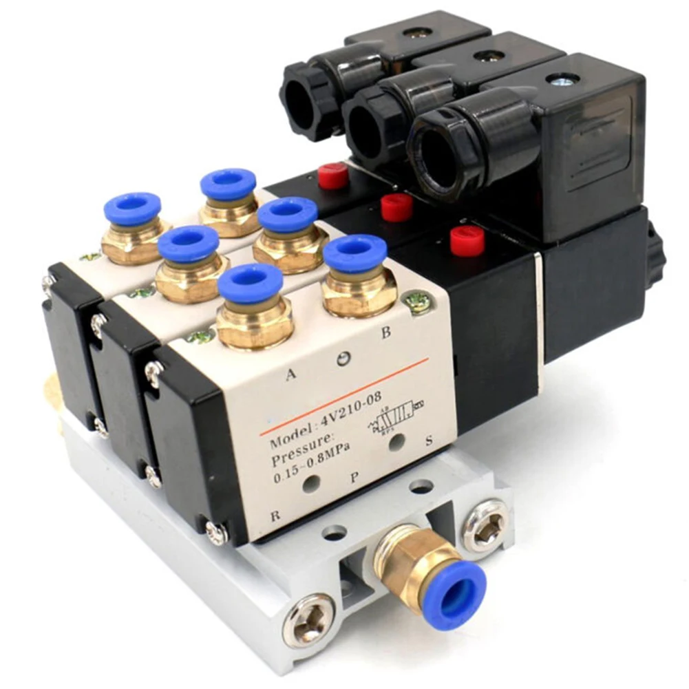 4V210-08 DC 24V Solenoid Air Valve 2/5 Way with Aluminum Alloy Body 6mm Inner Dia Fitting and 12.5x28.5mm Threaded Muffler