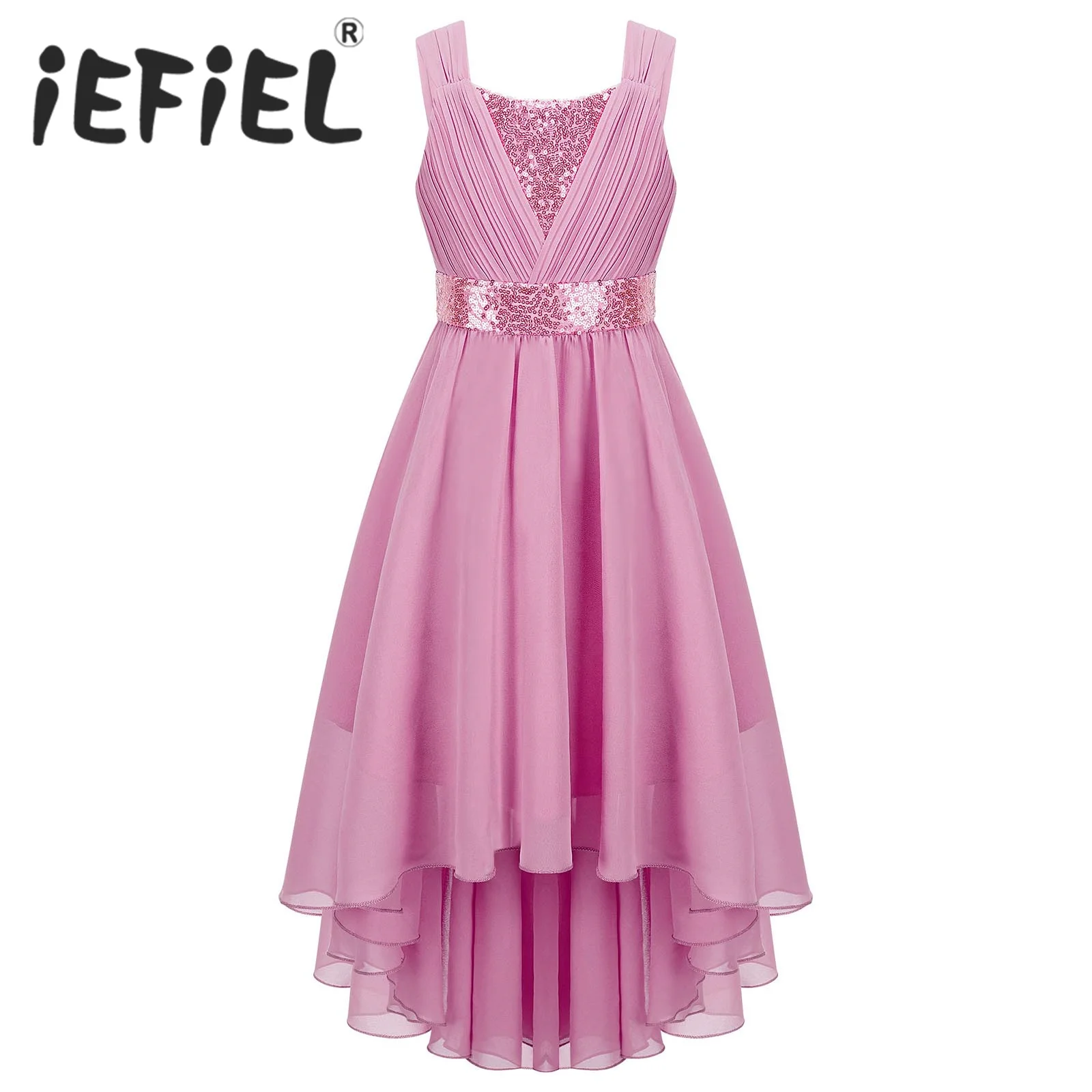 Kids Girls Sequins Ruched Party Dress Sleeveless High-low Hem Summer Chiffon Princess Dress for Birthday Wedding Bridesmaid