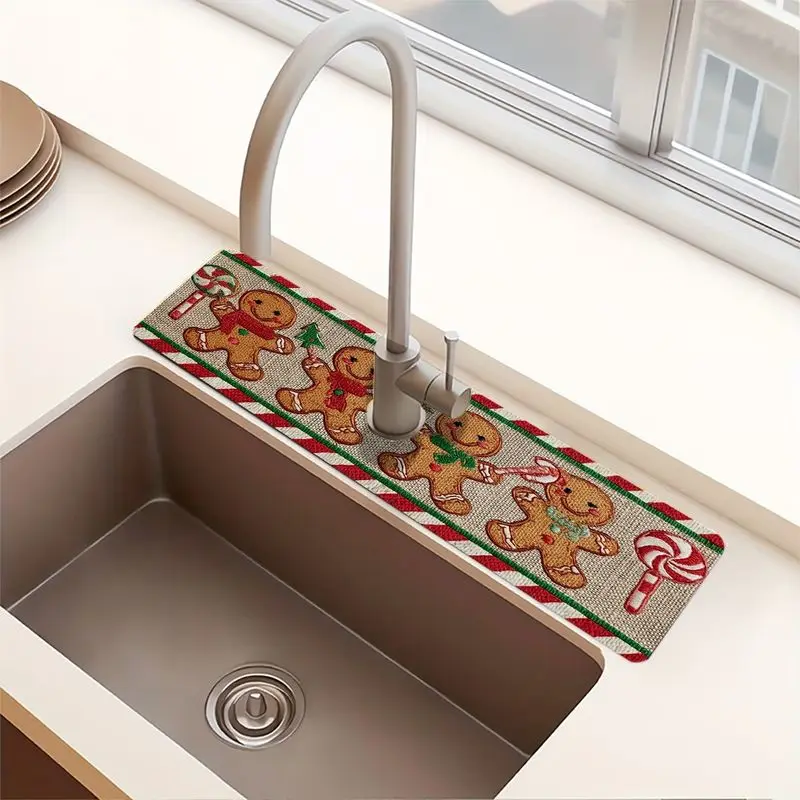 VIKAMA Non Slip Quick Drying Faucet Mat Water Absorbent Sink Pad For Kitchen Christmas Gingerbread Candy Cane Home Decor