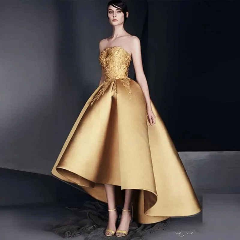 Kadisua Luxury Golden Evening Dress A-Line Pleat Strapless Sleeveless High/Low Appliques Formal Occasion Elegant Women Vestidos