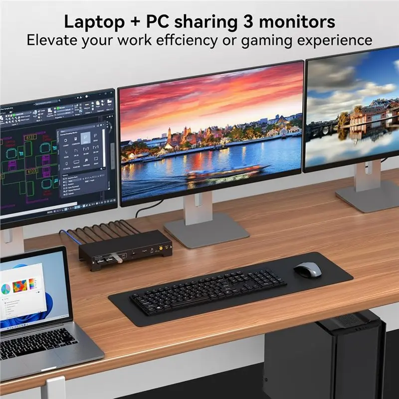 A31T KVM Switch Docking Station, USB-C, 3 Monitors 2 Computers, 4K@120Hz for Displayport, 100W PD Charging, EU Plug