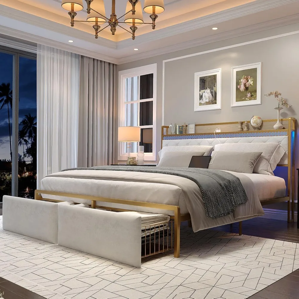 

King Size Metal Bed Frame with Storage, LED Lights, and Charging Ports