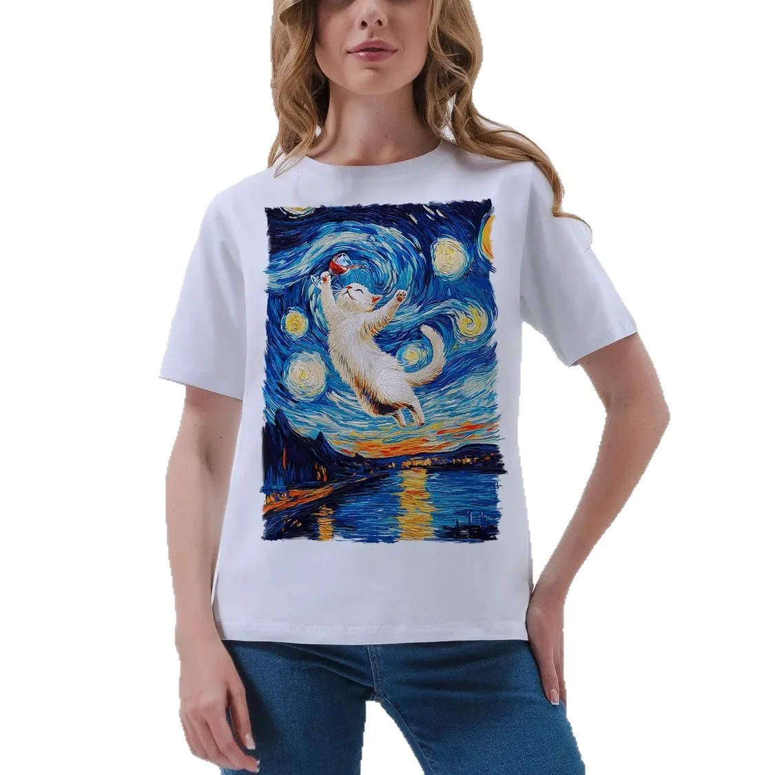Artist Aesthetic White Oversized Tee Van Gogh Starry Funny Cat Vintage Oil Painting Print Soft Cotton French Fashion Women Tops