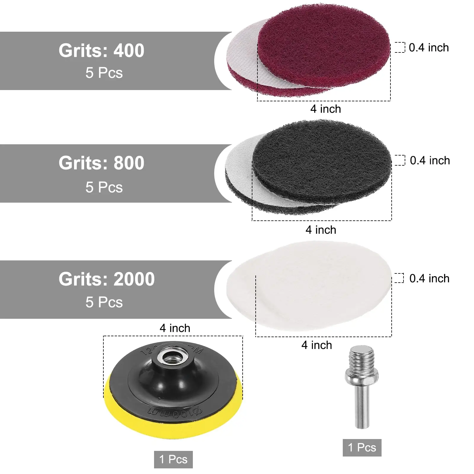 15 Pcs 4 인치 나일론 스크러빙 패드 세트 400/800/2000 그릿 후프 및 루프 표면 컨디셔닝 드릴 스커프 디스크 그레이/레드/화이트