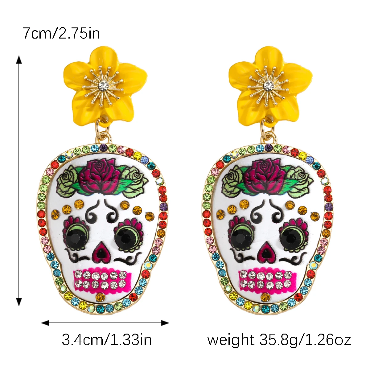 girlgo Bohemian Skull Crystal Dangle Earrings, Fun Flower Halloween Rhinestone Earrings, Halloween Day of the Dead Costume Props