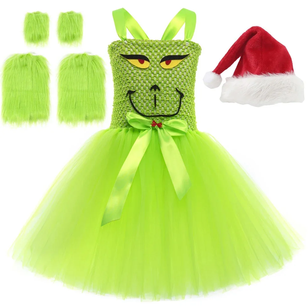 Green Santa Claus Grinch Costumes Girls Christmas Lined Tutu Dress for Kids Xmas Holiday Ballet Tutus Children Carnival Outfits