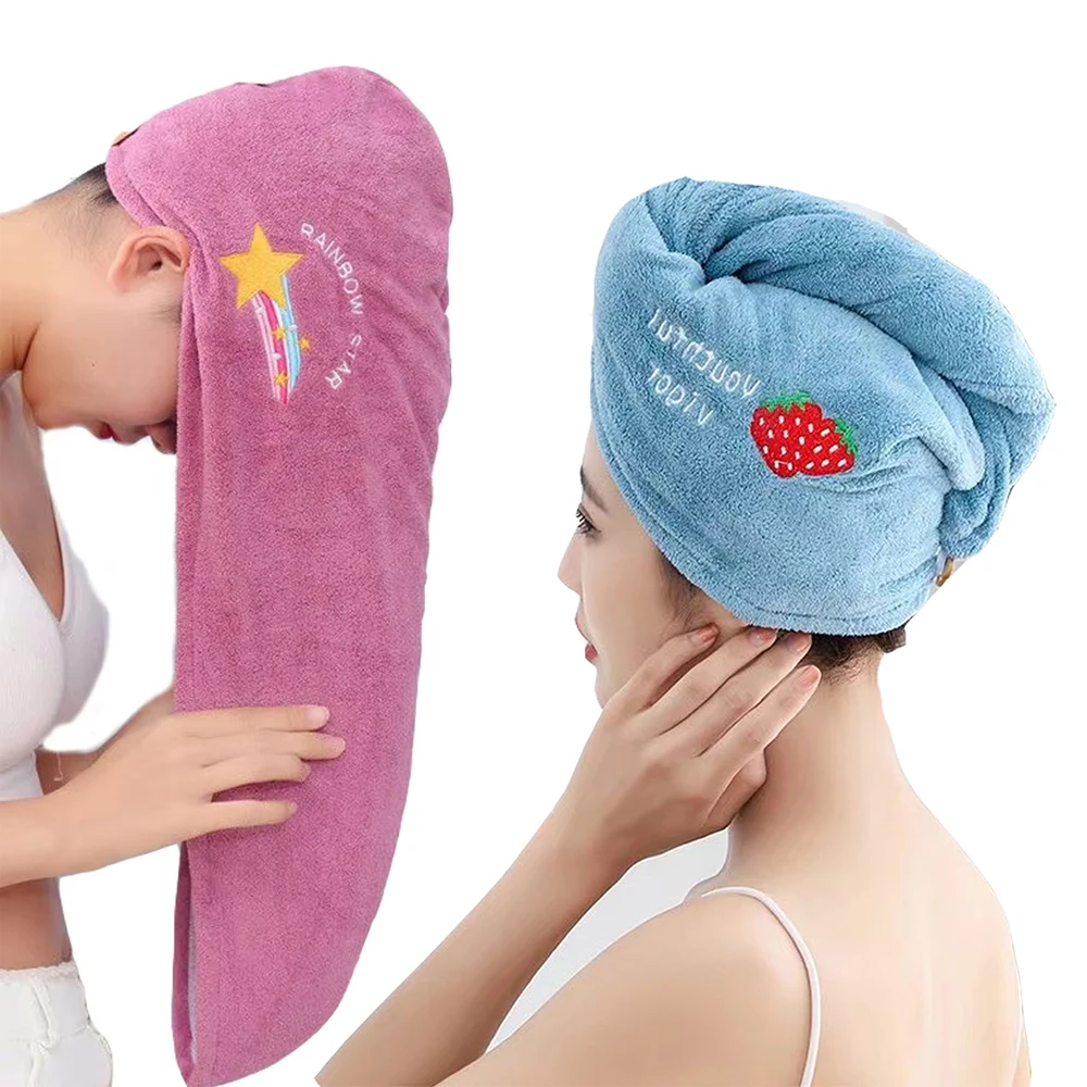 1Pc Embroidery Style Hair Drying Cap, Coral Fleece Thickened Hair Towel for Bathroom, Women's Absorbent Quick Drying Shower Cap