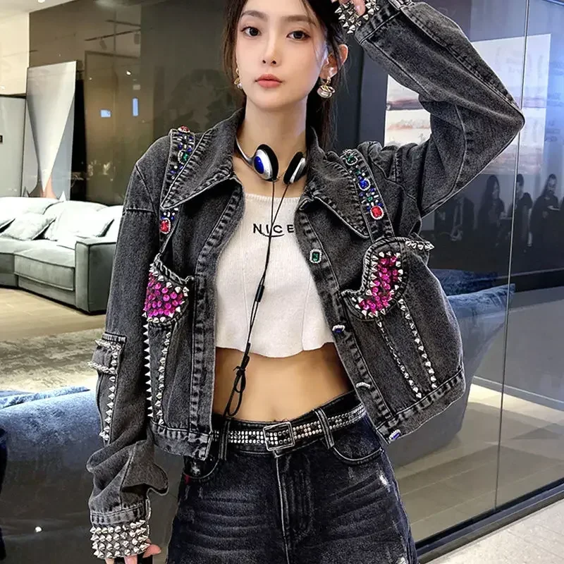 Short Crop Grey Studded with Stones Spring Autumn Rhinestones Biker Female Jeans Coat Small Women's Denim Jackets Diamonds Deals