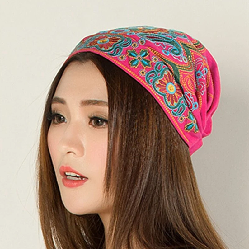 Chinese Retro Folk Style Ethnic Vintage Embroidery Flowers Travel Bandanas Red Print Hat Winter Leisure Boho Hats For Women