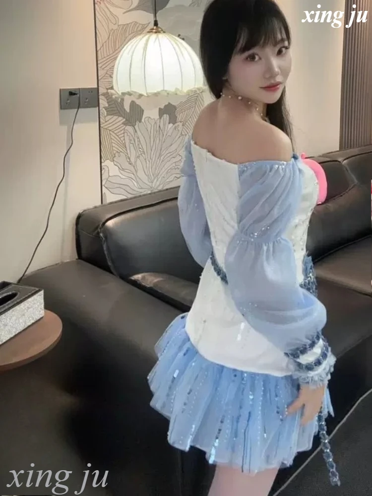 Cantor coreano sexy rendas retalhos sem alças vestido curto feminino grupo jazz dança traje kpop boate dj palco desempenho wear