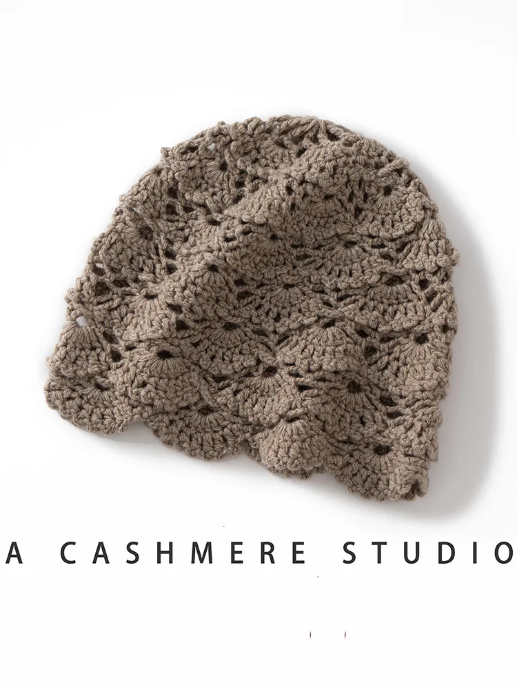 

Women's 100% Cashmere Handmade Cashmere Hat Hollowed-out Crocheted Patterns Hat Autumn Winter High Quality Knitwear Fashion Tops