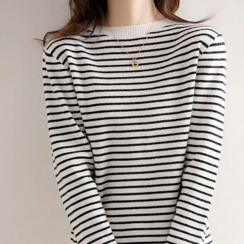 Women Sweater Casual Autumn Winter O-neck Stripe Pullovers Long Sleeve Fashion Korean Bottoming Shirt Basic Warm Knitwear Jumper