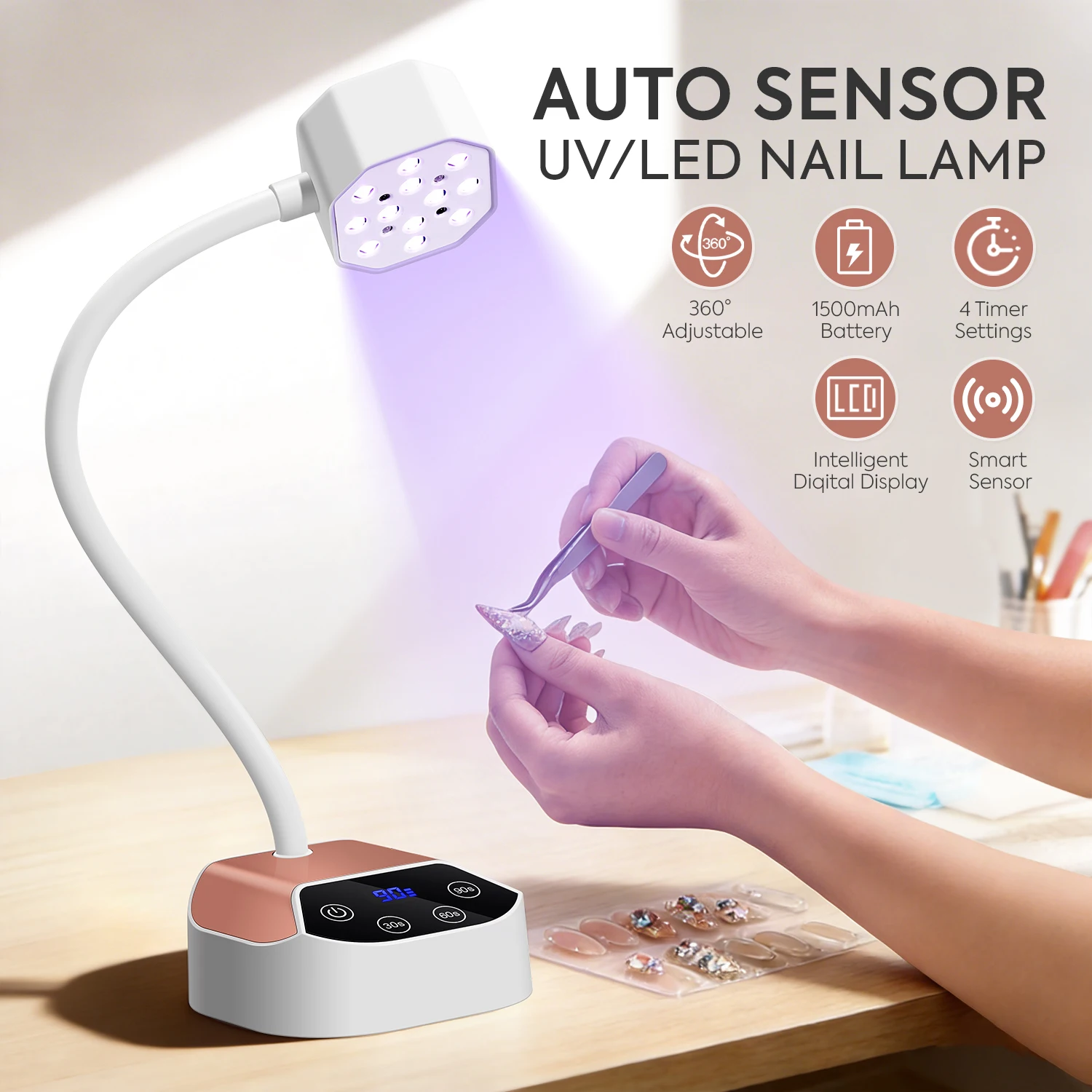DianaBeauty Wireless Nail Lamp With Auto Sensing & Touch Screen 12 LEDS LED UV Nail Dryer Rechargeable 360° Bendable Table Lamp