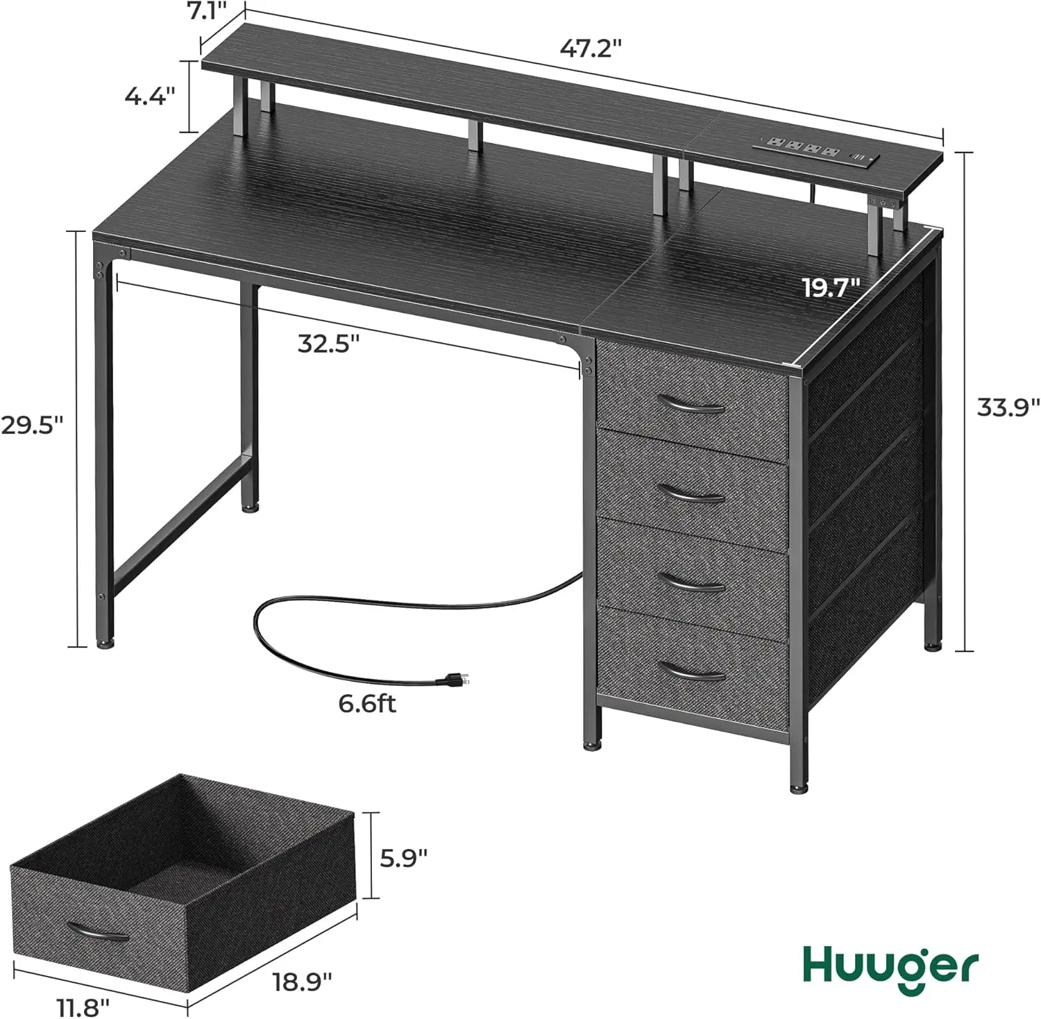 Huuger 47 Inch Computer Desk With Power Outlets And Led Lights, Gaming Desk With 4 Drawers, Office Desk With Monitor Stand,