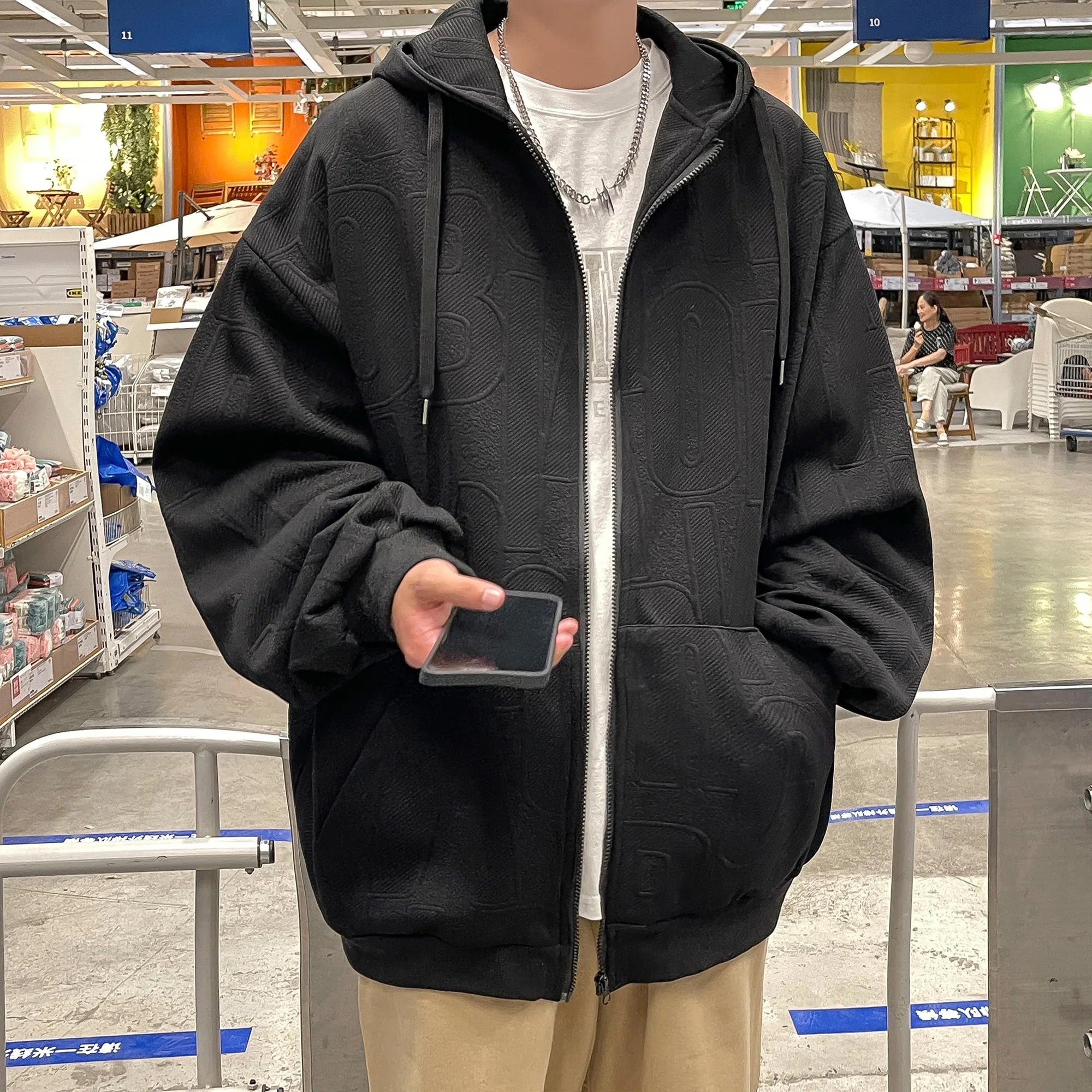 

Модный оверсайз кардиган-худи для мужчин: повседневная спортивная одежда в уличном стиле, весна-осень, с принтом, свободный крой, молодежный, на молнии