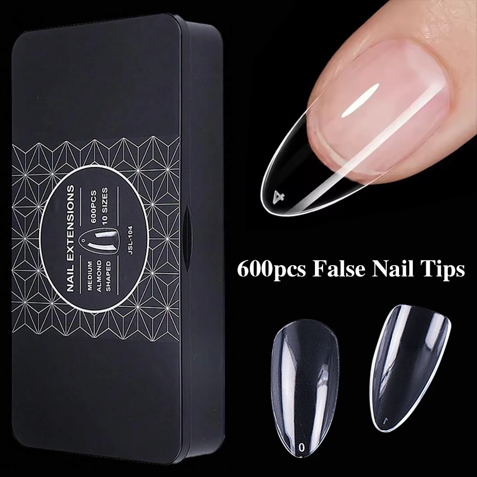600pcs/Box Transparent False Nail Tips Full Cover Long Coffin Stiletto Almond Square Oval Nail Extension Manicure Decor Tools