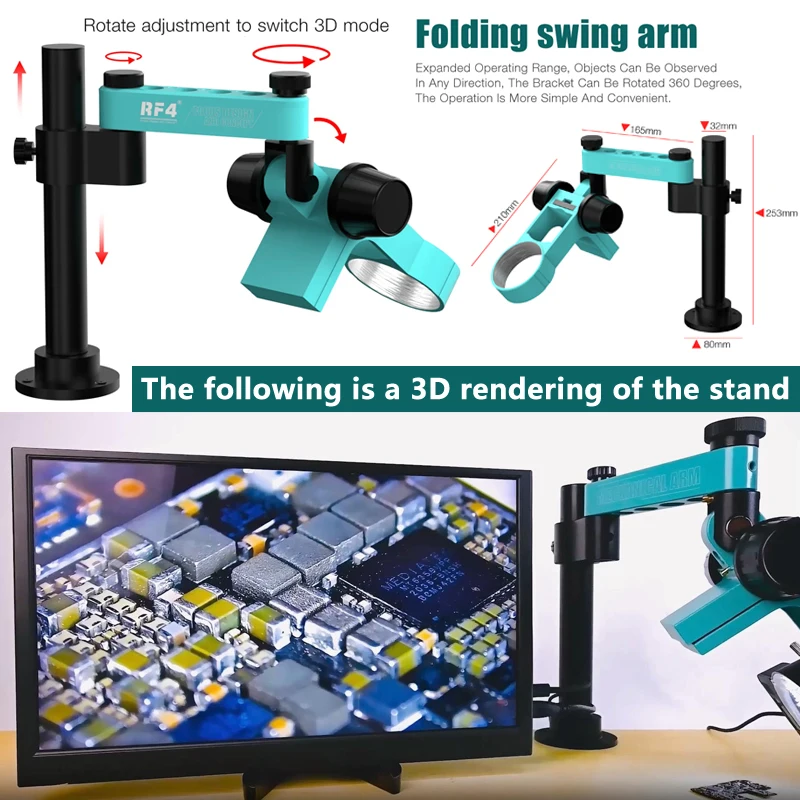 RF4 Simul Focal Trinocular Stereo Microscope 360 ° Rotation Articulating Arm Stands Phone Soldering PCB Repair RF7050TVPRO-F019