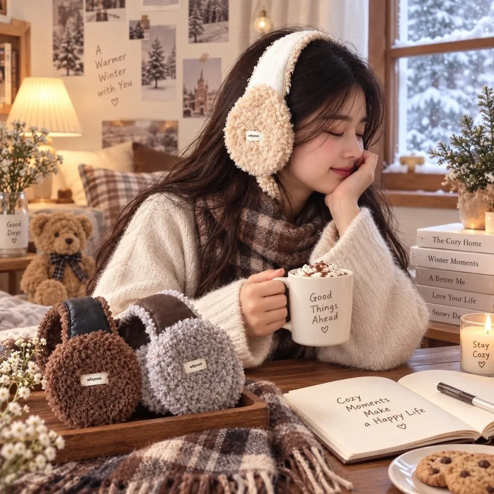 Japanese Style Vintage Faux Lamb Fur Earmuffs Ear Protection Soft Winter Ear Warmers Tie Strap Earflap Ear Covers Outdoor Wear