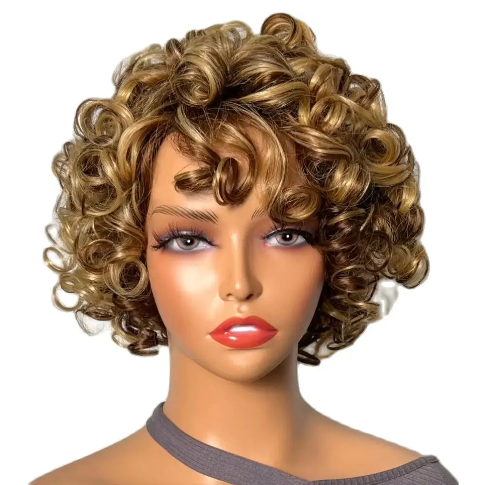 UNice Hair Brown Blonde Highlight Bouncy Curly Wig With Bangs 100% Human Hair Full Machine Made Afro Short Human Hair Wig 8 Inch