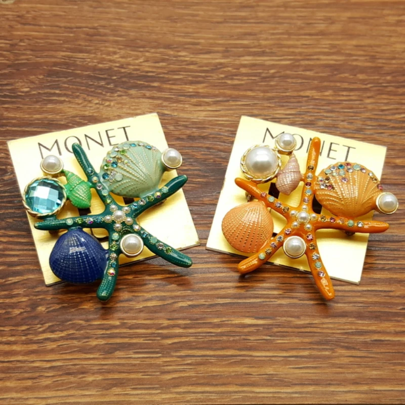 

*Diamond inlaid pearl enamel colored glaze conch, starfish, scallop, European and American Baroque brooch