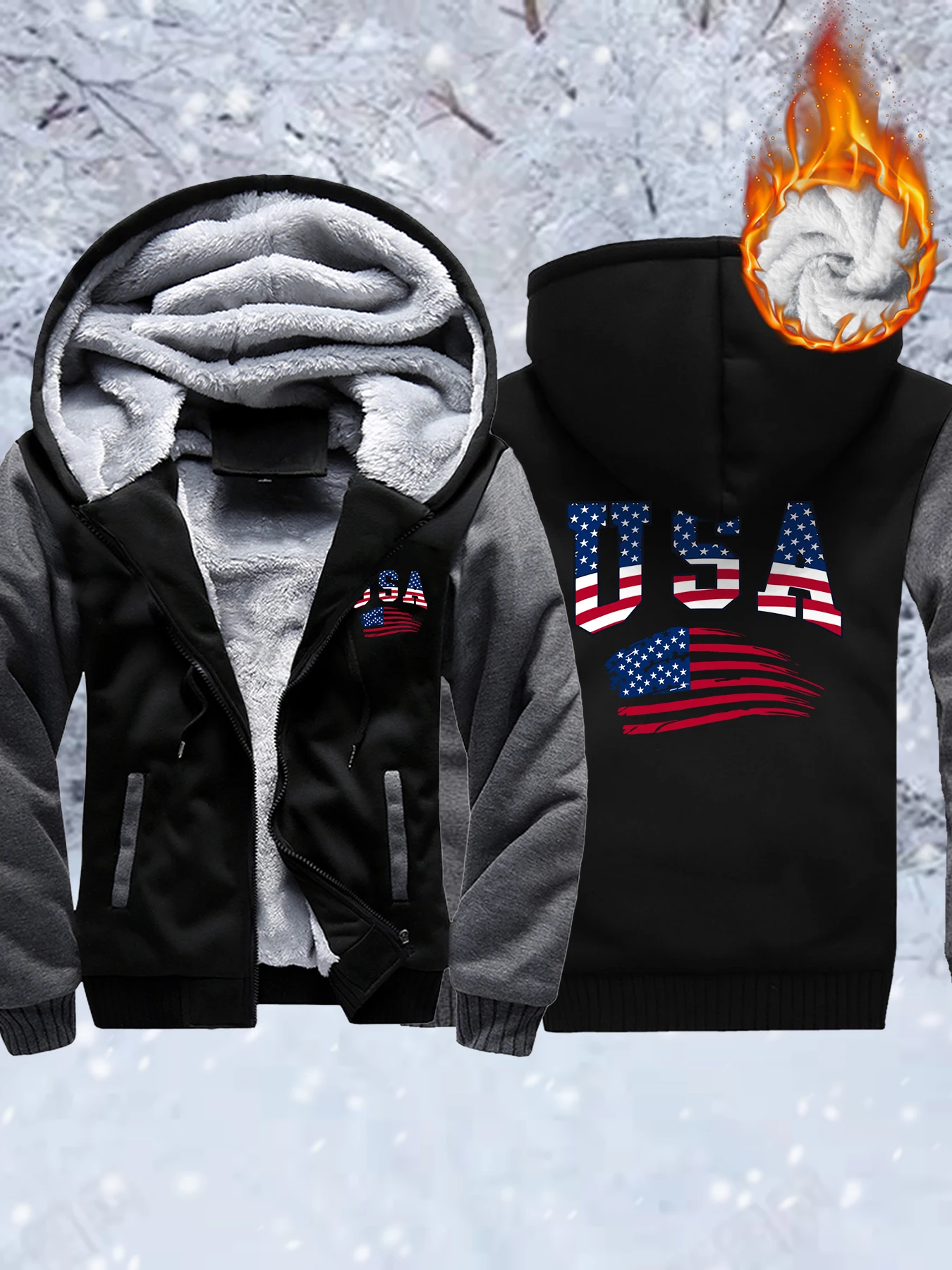 Usa America Flag Printed Men Streetwear Oversized Pocket Thicken Coats Winter Zipper Hoodies All-Match Fleece Unisex Jacket