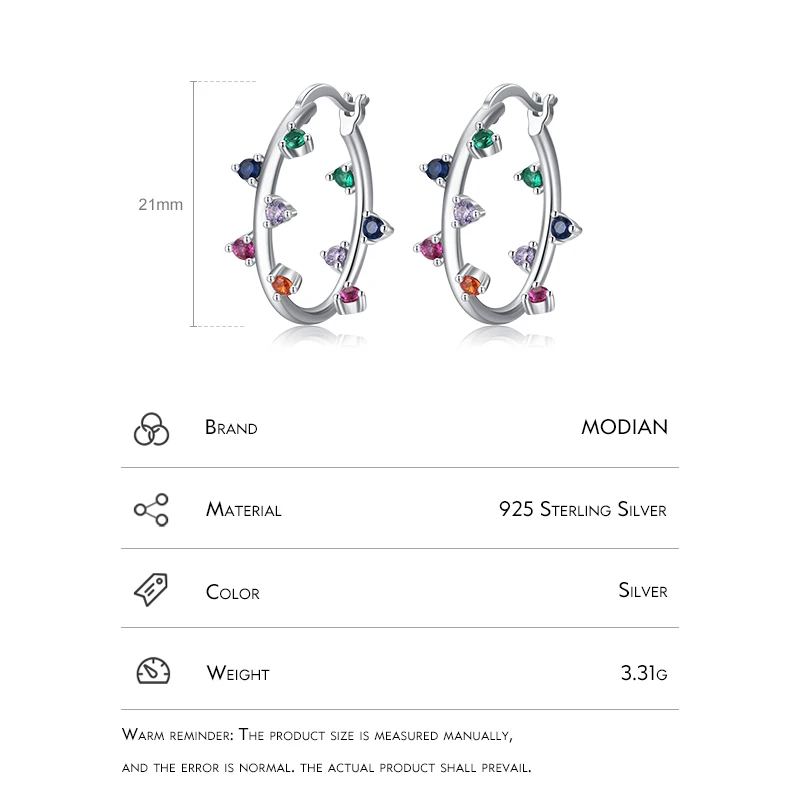 Modian 925 Sterling Silver Multicolour Trendy Zirconia Ear Buckles Luxury Fashion Hoop Earrings for Women Birthday Fine Jewelry