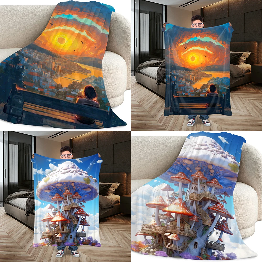 2024 New Printed Blanket CG Landscape Method Blanket Living Room Bedroom Gift Children's Blanke