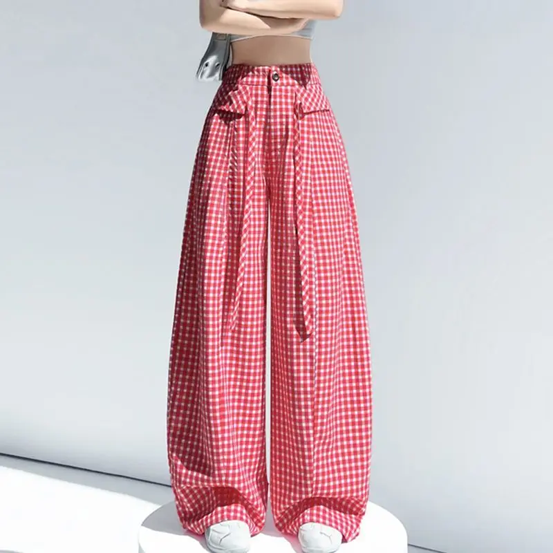 Women Casua Plaid Pants 2026 New Spring Summer Korean High Waist Straight Pants  Female All-Match Wide-leg Plaid Trousers