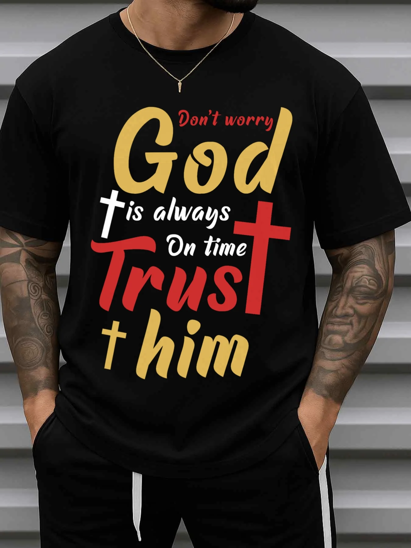 Men's 180g Pure Cotton T-Shirt with Faith-Themed Print, Short-Sleeved Crew Neck Shirt - Ideal for Church Services, Daily Wear, and as a Gift Choice. Black Faith Apparel