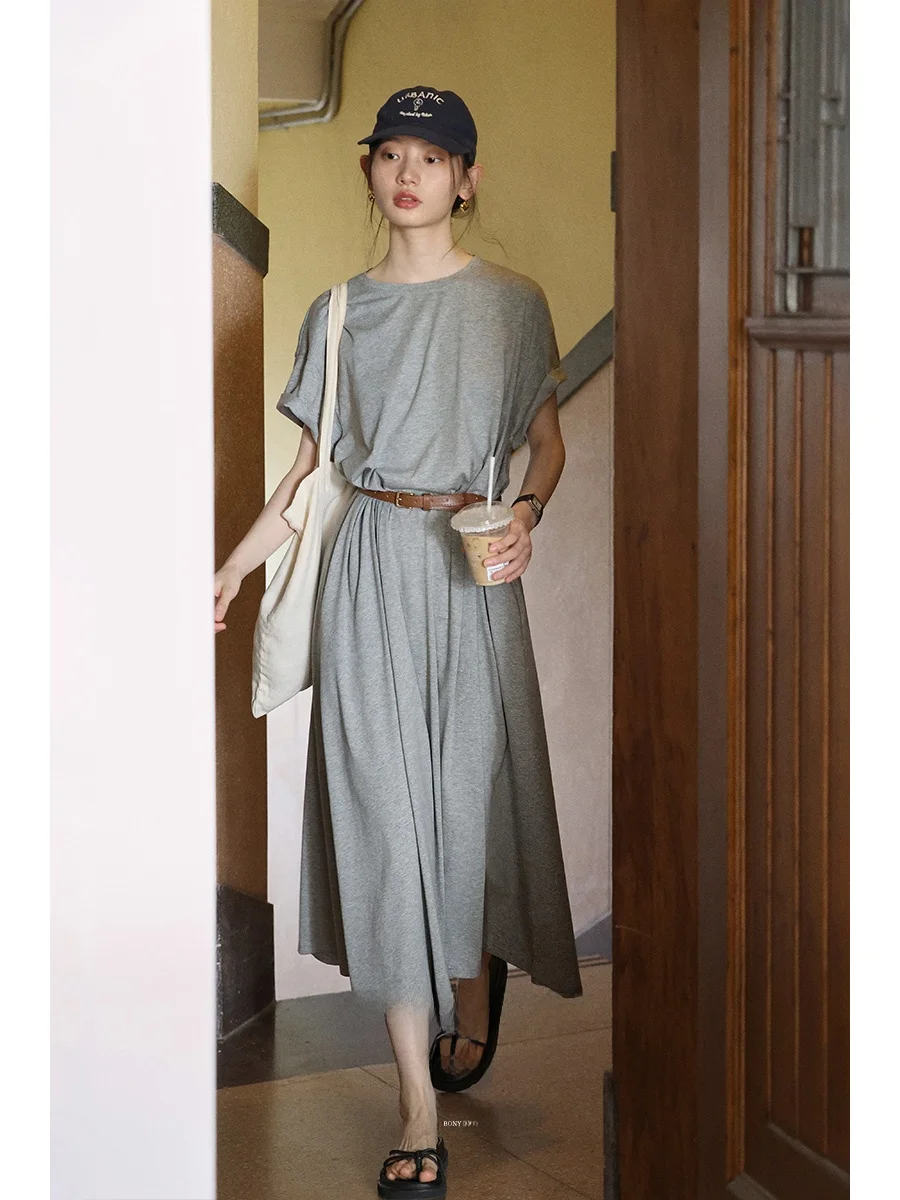 

Lalaglow Lazy Sle Loose Fit Knitted Long Dr Women's Summer Casual Cotton ort Sve round Ne A-Line Dr