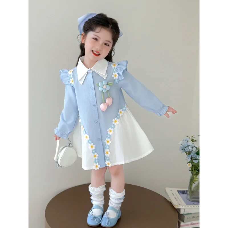 

Girls' Stylish Floral Shirt Dress for Spring and Autumn2025New Baby Princess Dress Fashionable Children's Autumn Dress