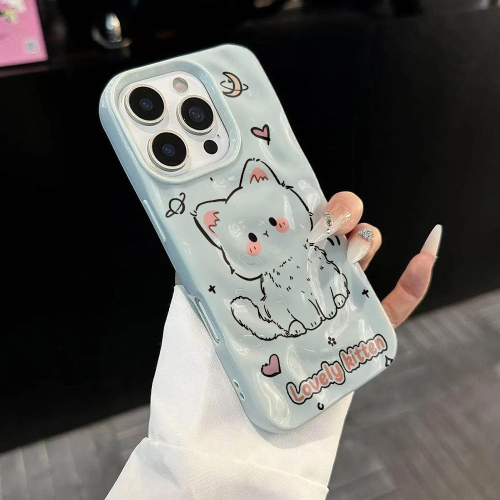 Niedliches Kätzchen-Design Weiche Silikon-Handyhülle für iPhone 17 16 15 14 13 12 11 Pro Max 14 Plus 17Air Falten-Wellen-Design – Detail 2